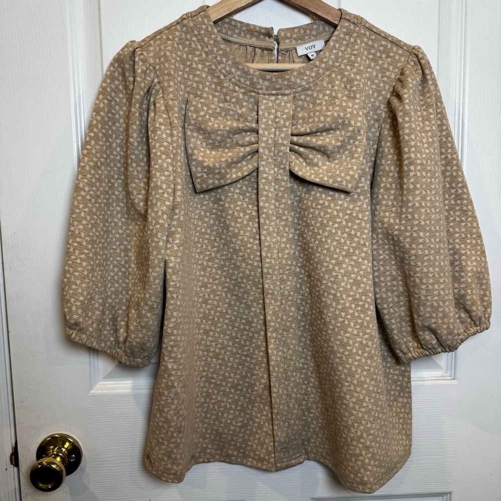 Bow Front Cottagecore Blouse Puff Sleeve Neutral Boho Romantic Top Size Medium